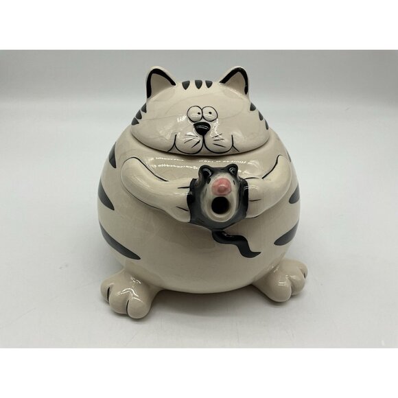 Pier 1 Imports Teapot Chubby Black & White Striped Cat Holding a Mouse as Spout - Picture 14 of 16
